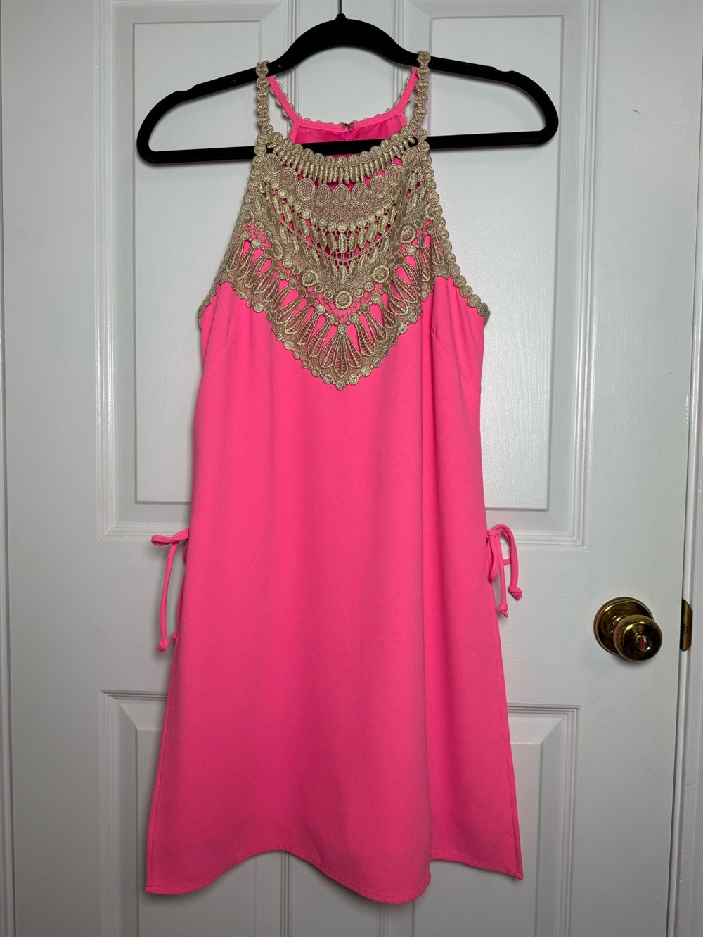 Lilly Pulitzer Pearl Soft Shift Romper Pink Gold Metallic Lace Halter Dress 4